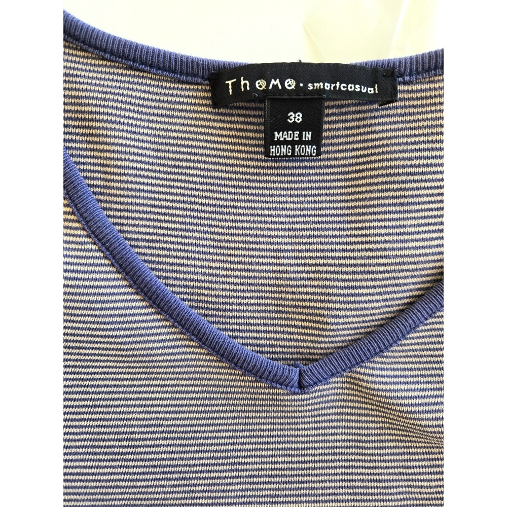 Vtg Theme Striped Top V neck Short Sleeves Minimalist Quiet Luxury Blue Nautical - Picture 9 of 15